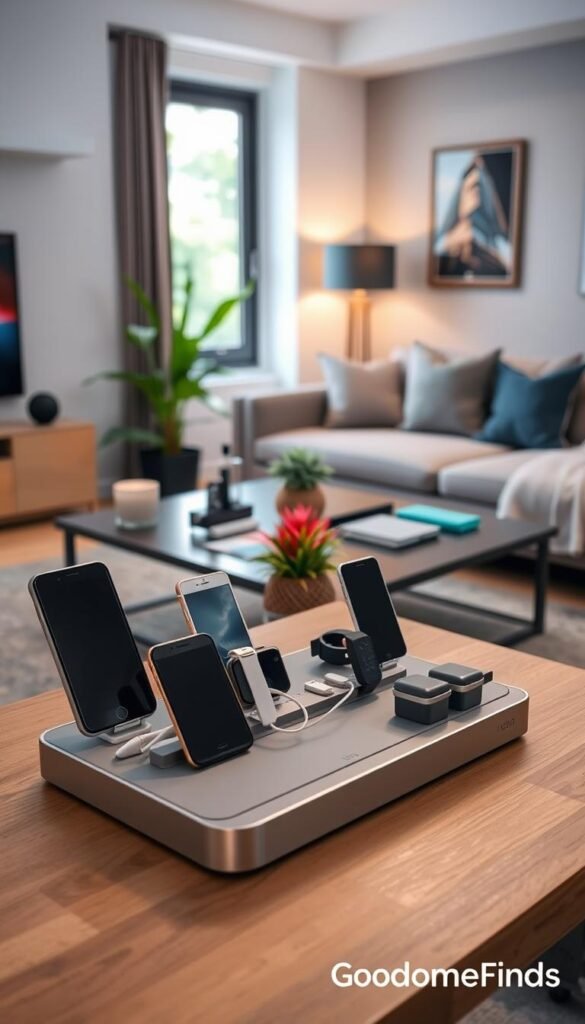 A modern, well-lit living room scene featuring a sleek, contemporary charging station set up for use. In the foreground, a stylish charging dock with multiple devices like smartphones, tablets, and smartwatches neatly arranged, some plugged in and others ready to be charged. The middle ground shows an organized workspace with aesthetically pleasing cables, perhaps a vibrant plant, and a few portable power banks. In the background, a cozy, softly lit area with comfortable seating enhances the inviting atmosphere. The overall mood is vibrant yet peaceful, illustrating readiness and convenience. Soft, natural lighting from a nearby window highlights the devices. This lifestyle image captures the essence of setup time, branded subtly with "GoodHomeFinds".