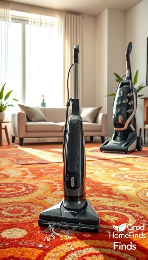 A modern, well-lit living room showcasing various carpet cleaners in action. In the foreground, a sleek portable spot cleaner demonstrates its powerful suction on a vibrant, patterned carpet, with water droplets and dirt being effectively lifted. In the middle ground, a full carpet cleaning machine stands upright, elegantly designed with a display of attachments nearby, ready for use. Bright, natural lighting pours in from a large window, highlighting the clean, inviting atmosphere of the space. The background features a stylish sofa and decorative plants, creating a cozy, homey feel. The overall mood is fresh and efficient, emphasizing ease of use and effectiveness in deep-cleaning carpets and stains. GoodHomeFinds logo subtly integrated into the scene&rsquo;s decor.