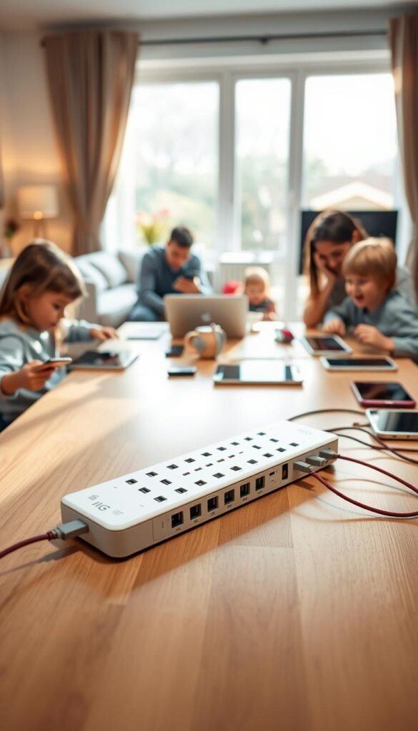 A modern, well-lit scene showcasing the SIIG 90W 10-Port USB Charging Station on a sleek, wood dining table surrounded by family gadgets. In the foreground, the charging station is prominently displayed, with multiple devices like tablets and smartphones plugged in, emphasizing its high capacity. The middle ground features family-oriented elements, like children's toys and a laptop, creating a bustling, cozy atmosphere. In the background, a softly-lit living area with warm, neutral tones suggests a family home setting. Use a slightly elevated angle to capture the entire scene, with natural light streaming in from a window, creating an inviting mood. The image should reflect the brand "GoodHomeFinds," reminiscent of realistic, Pinterest-style lifestyle photos, making it relatable for families.