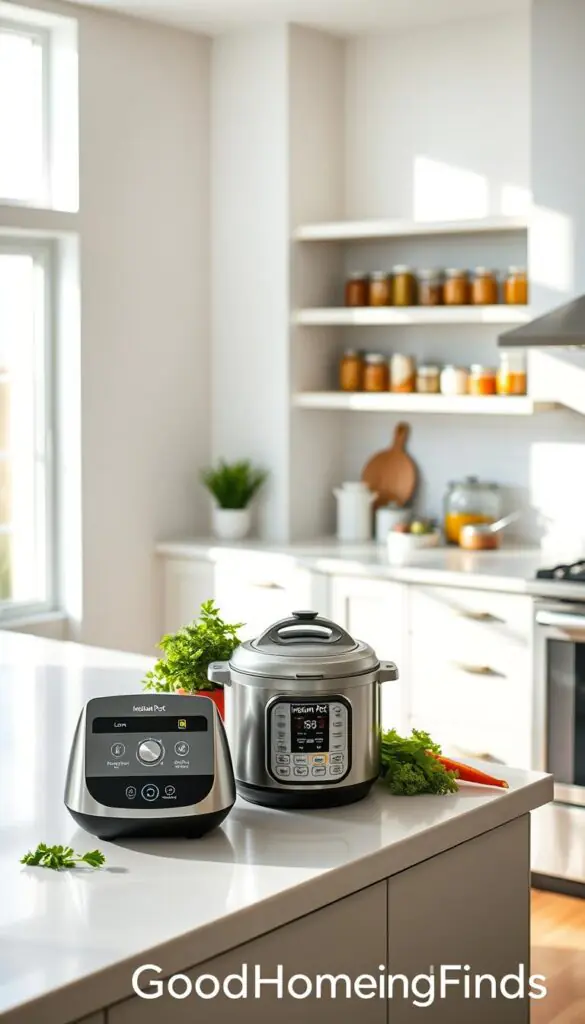 A modern, well-organized kitchen featuring innovative tech gadgets designed for efficient meal preparation and easy cleanup. In the foreground, a sleek countertop displays a high-tech food processor and an instant pot, surrounded by fresh vegetables and herbs for a vibrant touch. The middle ground reveals a stylish kitchen island with smart lighting, showcasing a row of colorful, neatly arranged cookware. In the background, a minimalist design with stainless steel appliances and open shelves filled with glass jars adds warmth and charm. The scene is bright and airy, with soft natural light streaming through a window, casting gentle shadows. The overall atmosphere is inviting and functional, reflecting a harmonious blend of family life and modern technology. The image style is realistic and Pinterest-inspired, embodying the brand "GoodHomeFinds."