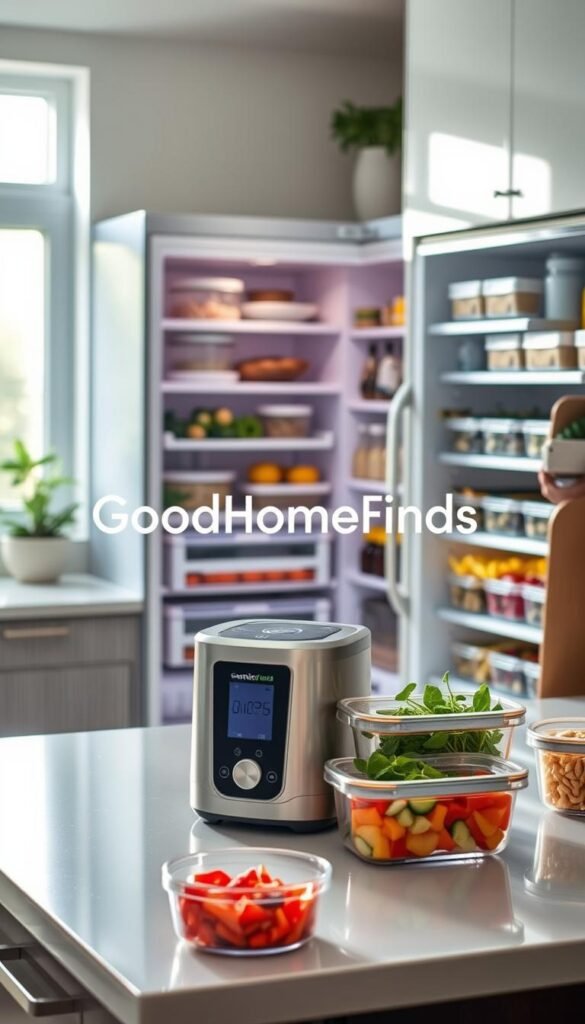 A modern, well-organized kitchen featuring innovative time-saving upgrades to promote efficiency and reduce food waste. In the foreground, display a sleek countertop with a multi-functional appliance, like a smart food processor, alongside neatly arranged glass containers filled with colorful prepped ingredients. In the middle ground, showcase a spacious fridge with clear views of its organized shelves, utilizing clear bins and labels for easy access. The background reveals a sunlit window, casting warm, natural light that highlights the fresh herbs on the windowsill and the stylish kitchen decor. The overall mood is inviting and modern, embodying a Pinterest-inspired aesthetic. Incorporate the brand name "GoodHomeFinds" subtly within the kitchen decor elements to enhance the lifestyle theme. A modern, well-organized kitchen featuring innovative time-saving upgrades to promote efficiency and reduce food waste. In the foreground, display a sleek countertop with a multi-functional appliance, like a smart food processor, alongside neatly arranged glass containers filled with colorful prepped ingredients. In the middle ground, showcase a spacious fridge with clear views of its organized shelves, utilizing clear bins and labels for easy access. The background reveals a sunlit window, casting warm, natural light that highlights the fresh herbs on the windowsill and the stylish kitchen decor. The overall mood is inviting and modern, embodying a Pinterest-inspired aesthetic. Incorporate the brand name "GoodHomeFinds" subtly within the kitchen decor elements to enhance the lifestyle theme.