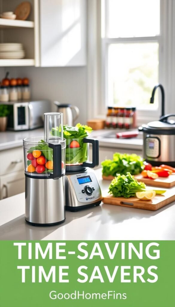 A modern, well-organized kitchen featuring practical time-saving appliances that enhance functionality and aesthetics. In the foreground, a sleek multitasking food processor with vibrant vegetables prepared for chopping, alongside a stylish digital kitchen scale and a compact Instant Pot. The middle ground showcases a clean countertop with a minimalist spice rack and a cutting board displaying neatly sliced ingredients. The background reveals a bright window with natural light streaming in, creating a warm and inviting atmosphere. Soft shadows enhance the depth, emphasizing the practicality and appeal of these kitchen time-savers. The image has a Pinterest-inspired lifestyle feel, conveying the efficiency and beauty of organization in cooking spaces, branded subtly with "GoodHomeFinds".