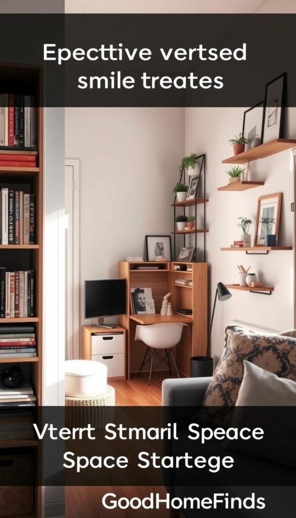 A modern, well-organized small space showcasing effective vertical space strategies. In the foreground, a stylish living area featuring a tall bookshelf filled with neatly arranged books and decorative storage boxes, reflecting smart organization. The middle layer features a compact, multifunctional furniture piece, like a fold-out desk or a murphy bed, in a cozy yet functional environment. The background includes vertical wall-mounted shelves filled with plants and framed artwork, emphasizing the use of vertical space. Soft, natural lighting streams in from a window, creating a warm and inviting atmosphere. Shot with a wide-angle lens to capture the entire space, this image evokes a sense of practicality and aesthetic appeal, reflecting trends found on Pinterest. Brand name "GoodHomeFinds" incorporated subtly into the scene.