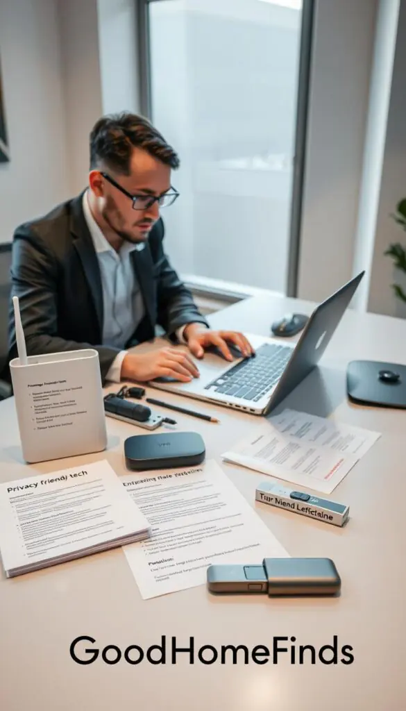 A modern, well-organized workspace featuring a laptop on a sleek desk, surrounded by privacy-friendly tech gadgets such as a VPN router, encrypted USB drives, and a privacy screen protector. In the foreground, a focused individual, dressed in professional business attire, is setting up the laptop, with a thoughtful expression as they navigate through the installation process. The middle ground shows neatly arranged documents and guidelines on best practices for setup and maintenance. The background features a large window with soft, natural light pouring in, emphasizing a productive and serene environment. The color palette is calming, with cool tones of blue and gray. The overall mood conveys efficiency and mindfulness in technology usage, suitable for a lifestyle article focused on privacy-friendly tech, branded "GoodHomeFinds".