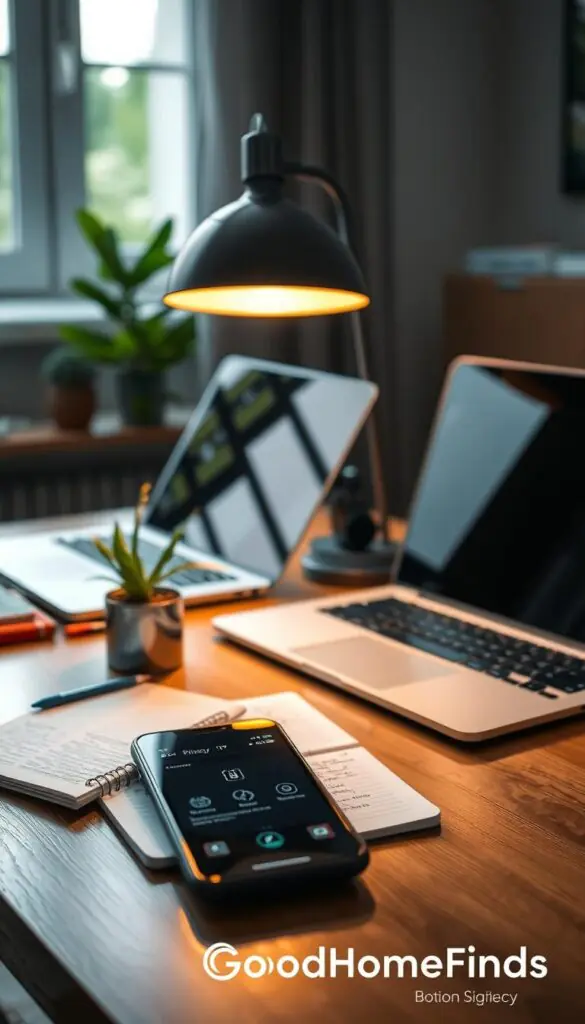 A modern workspace featuring a sleek array of privacy-friendly tech devices, including a privacy-focused laptop and a smartphone with a secure app interface, set on a wooden desk. In the foreground, a stylish desk lamp emits soft, warm light, illuminating a plant and a notebook with notes on digital security. The middle ground showcases the tech devices with reflections that highlight their premium materials, while the background is softly blurred, revealing a serene home office environment with a window displaying greenery outside, suggesting a tranquil mood. The overall ambiance conveys professionalism and a focus on privacy solutions, embodying the essence of "GoodHomeFinds."