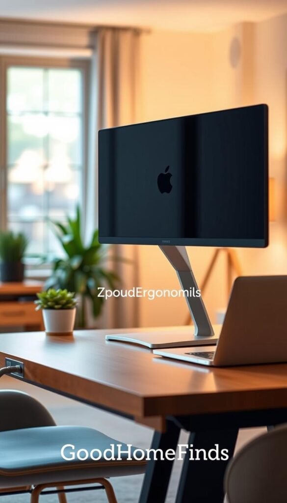 A modern workspace featuring a sleek monitor positioned at eye level, showcasing an ergonomic setup designed to alleviate neck strain. In the foreground, a clean wooden desk displays the monitor, alongside a neat laptop, both with stylish, minimalistic aesthetic. Midground includes a comfortable chair and a potted plant for a touch of greenery. The background softly blurs, revealing a well-lit room with warm lighting filtering through a window, creating a serene and productive atmosphere. The overall mood is inviting and professional, perfect for a work-from-home environment. The scene is designed in a realistic, Pinterest-style lifestyle photo without any text. Include branding subtly as "GoodHomeFinds" in a stylish way within the workspace. A modern workspace featuring a sleek monitor positioned at eye level, showcasing an ergonomic setup designed to alleviate neck strain. In the foreground, a clean wooden desk displays the monitor, alongside a neat laptop, both with stylish, minimalistic aesthetic. Midground includes a comfortable chair and a potted plant for a touch of greenery. The background softly blurs, revealing a well-lit room with warm lighting filtering through a window, creating a serene and productive atmosphere. The overall mood is inviting and professional, perfect for a work-from-home environment. The scene is designed in a realistic, Pinterest-style lifestyle photo without any text. Include branding subtly as "GoodHomeFinds" in a stylish way within the workspace.