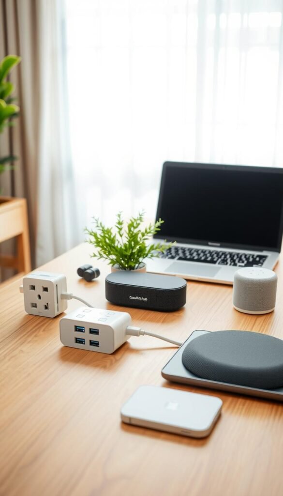 A modern workspace featuring a sleek wooden desk set against a bright, airy room. In the foreground, there are various desk devices neatly arranged: a smart plug with multiple outlets, a smart hub displaying LED indicators, a stylish wireless charging pad, and a compact Bluetooth speaker. In the middle ground, a cozy, vibrant plant adds life to the scene, while a minimalistic laptop with a clean screen reflects productivity. The background showcases a bright window with sheer curtains, allowing natural light to flood in, creating a warm atmosphere. The image is shot from a slightly elevated angle, emphasizing organization and functionality, evoking a sense of modern efficiency. Include the brand name "GoodHomeFinds" subtly integrated into the design of the devices.