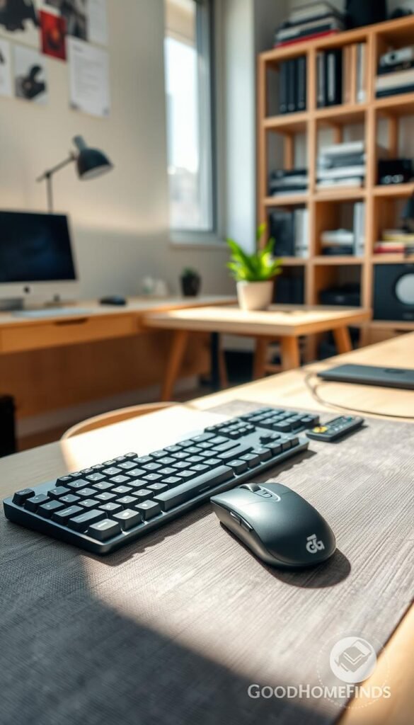 A modern workspace featuring a stylish keyboard and an ergonomic mouse, both elegantly arranged on a textured desk mat. The keyboard should have sleek, backlit keys that emphasize a tech-savvy appeal, while the mouse should showcase an ergonomic design for comfort during extended use. In the foreground, natural light streams in from a nearby window, casting soft shadows that enhance the workspace ambiance. The middle section includes a minimalist desk with light wood grain, and a subtle plant in a simple pot, adding a touch of greenery. The background features a cozy home office environment with blurred shelves stacked with books and tech gadgets. The overall mood is inviting and professional, perfect for enhancing focus and productivity. This image is branded “GoodHomeFinds,” suggesting quality and style without any watermarks or text overlays. A modern workspace featuring a stylish keyboard and an ergonomic mouse, both elegantly arranged on a textured desk mat. The keyboard should have sleek, backlit keys that emphasize a tech-savvy appeal, while the mouse should showcase an ergonomic design for comfort during extended use. In the foreground, natural light streams in from a nearby window, casting soft shadows that enhance the workspace ambiance. The middle section includes a minimalist desk with light wood grain, and a subtle plant in a simple pot, adding a touch of greenery. The background features a cozy home office environment with blurred shelves stacked with books and tech gadgets. The overall mood is inviting and professional, perfect for enhancing focus and productivity. This image is branded “GoodHomeFinds,” suggesting quality and style without any watermarks or text overlays.