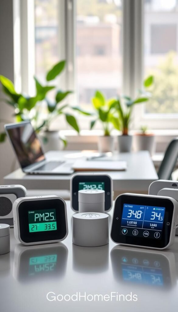 A modern workspace featuring an array of advanced monitor sensors designed for air quality measurement. In the foreground, include sleek, high-tech sensors with illuminated screens displaying air quality data such as PM2.5 levels and humidity readings, reflecting accuracy and sophistication. The middle layer showcases a tidy desk with a laptop and notepad, emphasizing a productive environment. In the background, a window with sunlight streaming through plants, adding warmth and a sense of freshness. The lighting should be bright and natural, evoking a clean and conducive atmosphere for monitoring air quality. The image should embody professionalism and innovation, capturing the essence of improving indoor air standards, all while maintaining a visually appealing, Pinterest-style aesthetic. Ensure to include the brand name "GoodHomeFinds" subtly integrated into the design. A modern workspace featuring an array of advanced monitor sensors designed for air quality measurement. In the foreground, include sleek, high-tech sensors with illuminated screens displaying air quality data such as PM2.5 levels and humidity readings, reflecting accuracy and sophistication. The middle layer showcases a tidy desk with a laptop and notepad, emphasizing a productive environment. In the background, a window with sunlight streaming through plants, adding warmth and a sense of freshness. The lighting should be bright and natural, evoking a clean and conducive atmosphere for monitoring air quality. The image should embody professionalism and innovation, capturing the essence of improving indoor air standards, all while maintaining a visually appealing, Pinterest-style aesthetic. Ensure to include the brand name "GoodHomeFinds" subtly integrated into the design.