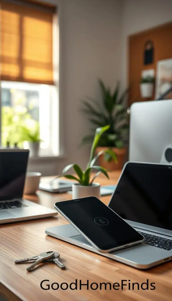 A modern workspace featuring an array of everyday devices with a focus on privacy-friendly technology. In the foreground, a sleek smartphone and a lightweight laptop on a wooden desk, their screens turned off but positioned to show elegant designs. A set of traditional keys sits next to them, symbolizing security and privacy. In the middle ground, a stylish indoor plant adds a touch of nature, while a soft, warm light from a nearby window casts gentle shadows, creating an inviting atmosphere. The background showcases a minimalistic home office with a corkboard and soft focus elements, highlighting a calm and organized environment. The overall mood is professional yet approachable, emphasizing the importance of privacy in technology. Brand name "GoodHomeFinds" emphasized subtly in the workspace decor.