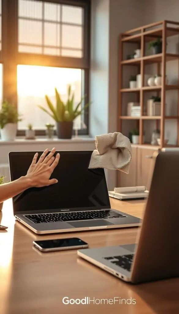 A modern workspace featuring sleek electronics and screens being effortlessly cleaned. In the foreground, a well-organized desk with a laptop, tablet, and smartphone, all glossy and reflecting light. A hand, wearing a soft microfiber cloth, is gently wiping the laptop screen, showcasing a streak-free shine. The middle layer includes the golden hour sunlight filtering through a nearby window, creating a warm, inviting atmosphere. Background elements consist of minimalistic decor like potted plants and bookshelves, enhancing the serene mood. The scene emphasizes cleanliness and simplicity, ideal for lifestyle inspiration. The overall composition should feel fresh and modern, embodying a quick and efficient cleaning method. GoodHomeFinds brand subtly integrated into the workspace aesthetic.