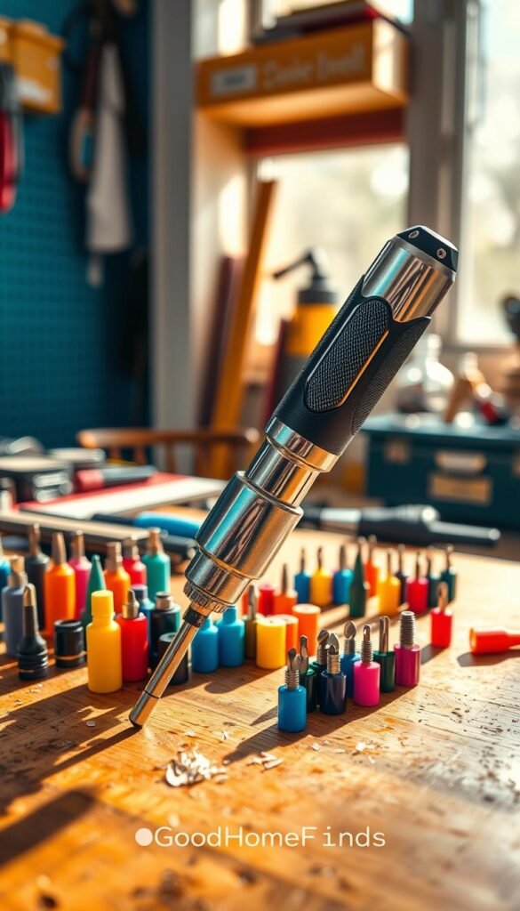 A multi-bit screwdriver displayed on a wooden workbench, surrounded by an array of colorful bit attachments in various sizes. The screwdriver features a sleek handling design and a shiny chrome finish, glinting under soft natural light that filters through a nearby window, casting gentle shadows. In the background, there&rsquo;s a subtle blur of a DIY workspace with neatly organized tools and materials, enhancing the ambiance of a home repair setting. The image is captured from a slightly overhead angle, highlighting the screwdriver while inviting viewers into the scene. The atmosphere is warm and inviting, suggesting practicality and ease for quick fixes at home. The brand name "GoodHomeFinds" is subtly integrated into the composition.