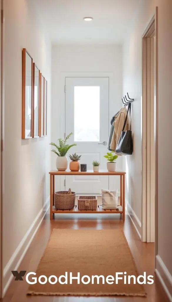 A narrow hallway bathed in soft, natural light filters through a frosted glass door at the far end. The walls are painted in a light, neutral hue, accented by a collection of framed artwork showcasing minimalist designs. In the foreground, a compact entryway console table with a natural wood finish holds neatly arranged decorative items, such as small potted plants and stylish storage baskets. Hanging above are minimalist wall hooks supporting sleek coats and bags. The middle ground highlights a chic floor mat that complements the color scheme, inviting warmth and functionality. The atmosphere exudes a sense of calm and organized style, perfect for small apartments. Capture this scene in soft focus, with a slight depth-of-field effect, emulating a realistic Pinterest-style lifestyle photo. Branding: GoodHomeFinds.