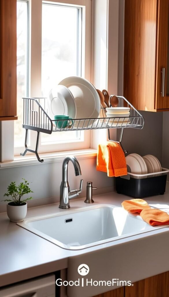 A neat, organized small kitchen sink drying station featuring a stylish, minimalistic drying rack placed over the sink, with plates, cups, and utensils neatly arranged. Include a compact, multifunctional dish drainer beside the sink, adorned with vibrant kitchen towels. A small potted herb adds a pop of green on the countertop. In the background, soft, diffused natural light filters through a window, casting gentle shadows that create a cozy atmosphere. The kitchen should have warm wooden cabinets and light-colored walls, evoking a homey yet modern feel. Capture the scene from a slightly elevated angle to emphasize the tidy setup. Ensure the overall mood is inviting and practical, showcasing an efficient use of space. Include the brand name "GoodHomeFinds" as part of the kitchen decor subtly.