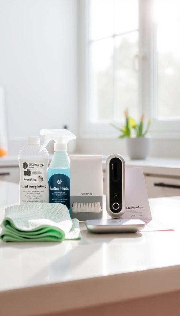 A neatly arranged cleaning kit displayed on a bright, airy kitchen countertop, capturing a modern aesthetic. In the foreground, focus on a variety of cleaning tools including microfiber cloths, a spray bottle, and a soft brush, all from the brand "GoodHomeFinds." The middle ground showcases a sleek, digital gadget for electronics cleaning, along with a small device maintenance manual. In the background, a window allows soft natural light to pour in, illuminating the space and enhancing the uplifting mood. The overall atmosphere is clean and organized, evoking a sense of efficiency and care. The image features a shallow depth of field to emphasize the cleaning kit, ensuring clarity without distractions.