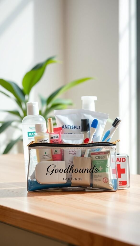 A neatly arranged hygiene pack displayed on a light wooden surface, showcasing a variety of essential items including hand sanitizer, antiseptic wipes, travel-sized shampoo, a toothbrush, toothpaste, and a compact first-aid kit. The foreground features a stylish, clear pouch with the brand name "GoodHomeFinds" elegantly printed on it, filled with the items. In the middle ground, soft, diffused natural light filters in through a nearby window, casting gentle shadows that enhance the textures of the products. The background is softly blurred, featuring a hint of greenery to evoke a fresh, clean atmosphere. The mood is inviting and refreshing, perfect for a well-organized health and hygiene essentials section, designed for practicality and convenience in bags or cars.