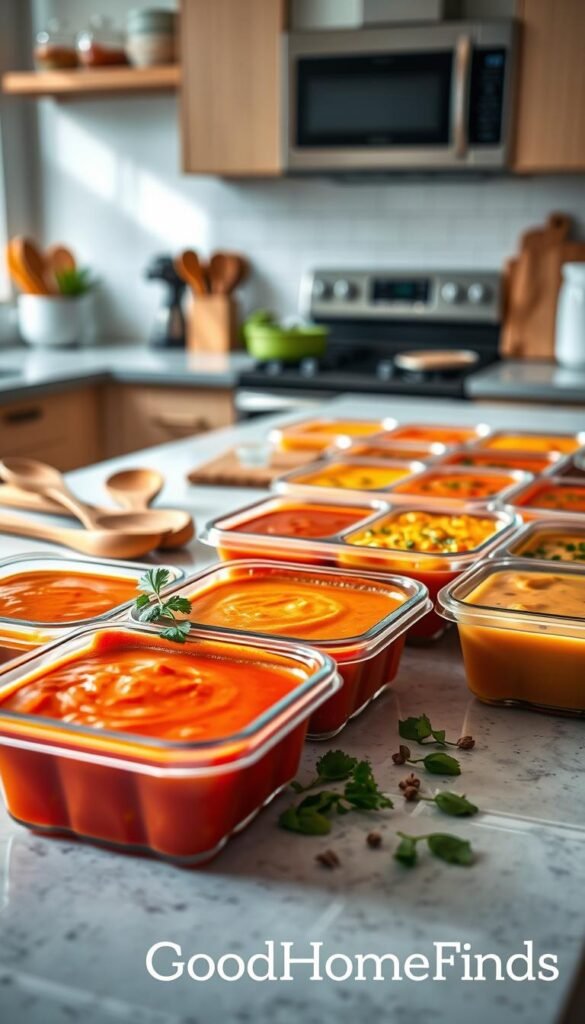 A neatly arranged kitchen counter showcases an assortment of vibrant soups, each in colorful freezer portion trays. In the foreground, focus on a clear, ice tray filled with rich tomato basil soup, creamy pumpkin soup, and hearty vegetable broth, all neatly separated for easy access. The middle ground features wooden spoons and fresh herbs like basil and cilantro as decorative elements, enhancing the cooking atmosphere. In the background, a cozy kitchen setting reveals modern appliances and utensils, softly illuminated by warm, natural lighting, creating an inviting mood. The composition is shot at a slight angle for depth, highlighting the elegance of meal prep efficiently arranged for batch cooking. The image embodies a practical yet stylish kitchen, branded subtly with "GoodHomeFinds".