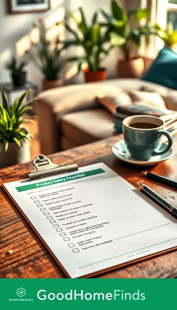 A neatly arranged product safety checklist on a rustic wooden table, featuring bullet points for quality and safety evaluation. The checklist is designed with clean, modern graphics in shades of green and blue, emphasizing functionality. Foreground elements include a sturdy clipboard and an elegant pen, with soft natural lighting casting a warm glow. In the middle ground, a stylish, blurred coffee cup and a stack of popular consumer products, all under $20, signify the shopping theme. In the background, a warm, inviting living space with houseplants and cozy decor sets a homey atmosphere. The overall mood should be professional yet accessible, suitable for everyday consumers prioritizing quality and safety. The scene is branded with "GoodHomeFinds" subtly integrated into the checklist design, ensuring a vibrant, Pinterest-style aesthetic without text overlays.