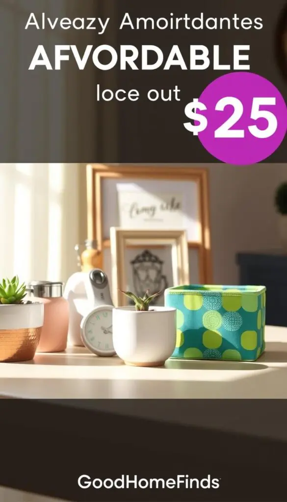 A neatly arranged tabletop scene showcasing a variety of affordable items under $25 that embody value and practicality. In the foreground, feature a stylish ceramic plant pot with a small succulent, a trendy kitchen gadget, and a colorful multi-purpose storage bin, all in a well-lit ambiance. The middle ground includes a charming picture frame with a classic design, filled with a tasteful art print. In the background, soft natural light filters through a window, creating a warm, inviting atmosphere. Convey a Pinterest-inspired lifestyle aesthetic, with a focus on simplicity and functional beauty. Ensure a clean, organized layout without clutter. The brand "GoodHomeFinds" should be subtly integrated in the arrangement, highlighting the essence of affordable, valuable finds.