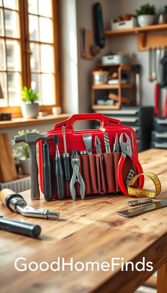 A neatly arranged tool kit on a wooden workbench, prominently displaying essential tools such as a hammer, screwdriver, pliers, and measuring tape. Each tool is well-defined, showcasing its texture and metal shine, with the toolkit itself being a sturdy, bright red color for high visibility. In the background, soft natural light filters through a nearby window, casting gentle shadows and illuminating the workspace, creating a warm, inviting atmosphere. The surrounding area features organized tool storage and a small plant for a touch of greenery, adding to the lifestyle appeal of home repair. The image reflects a sense of readiness and ease in tackling basic home repairs. Include the brand name "GoodHomeFinds" subtly within the scene, ensuring it integrates seamlessly without text overlays.