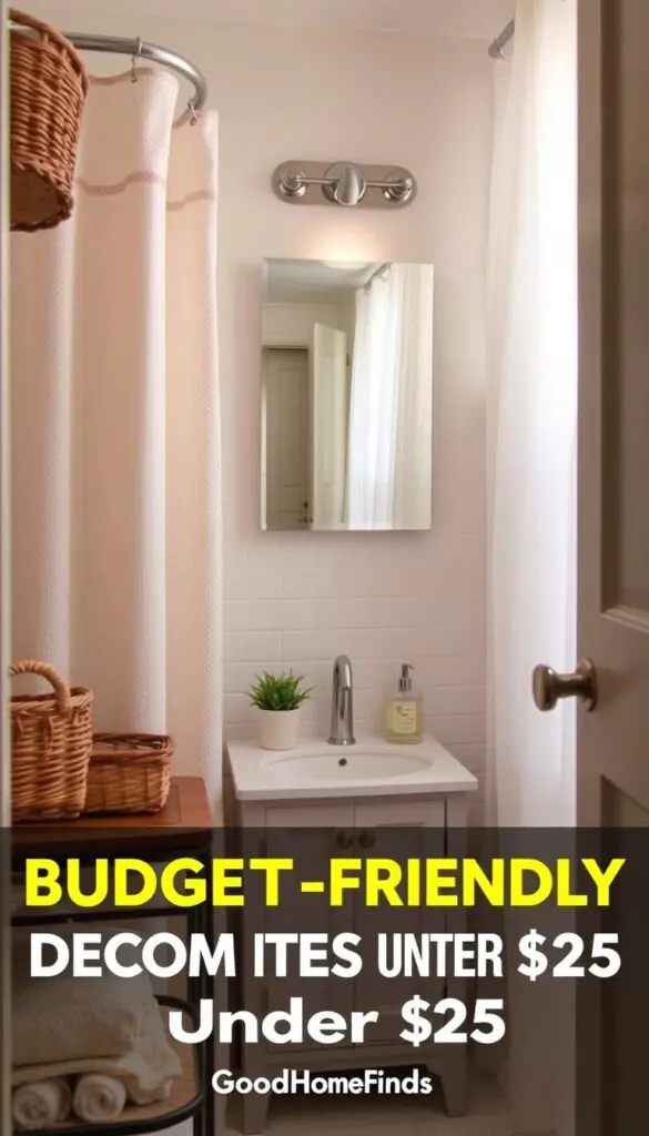 A neatly designed small bathroom featuring budget-friendly decor items under $25. In the foreground, display aesthetically pleasing storage solutions like a woven basket and a stylish shower curtain with a subtle pattern. In the middle, include a compact vanity with a sleek mirror reflecting soft, warm light from a polished chrome fixture. Arrange affordable accessories, such as decorative soap dispensers and a small potted plant, on the counter for a cozy touch. In the background, showcase delicate tiles and a curtain allowing natural light to flood the space, creating a bright, airy atmosphere. Capture the scene with a slightly angled lens for depth and focus on vibrant colors, evoking a stylish, modern space. The brand name "GoodHomeFinds" is subtly represented through the products displayed. A neatly designed small bathroom featuring budget-friendly decor items under $25. In the foreground, display aesthetically pleasing storage solutions like a woven basket and a stylish shower curtain with a subtle pattern. In the middle, include a compact vanity with a sleek mirror reflecting soft, warm light from a polished chrome fixture. Arrange affordable accessories, such as decorative soap dispensers and a small potted plant, on the counter for a cozy touch. In the background, showcase delicate tiles and a curtain allowing natural light to flood the space, creating a bright, airy atmosphere. Capture the scene with a slightly angled lens for depth and focus on vibrant colors, evoking a stylish, modern space. The brand name "GoodHomeFinds" is subtly represented through the products displayed.