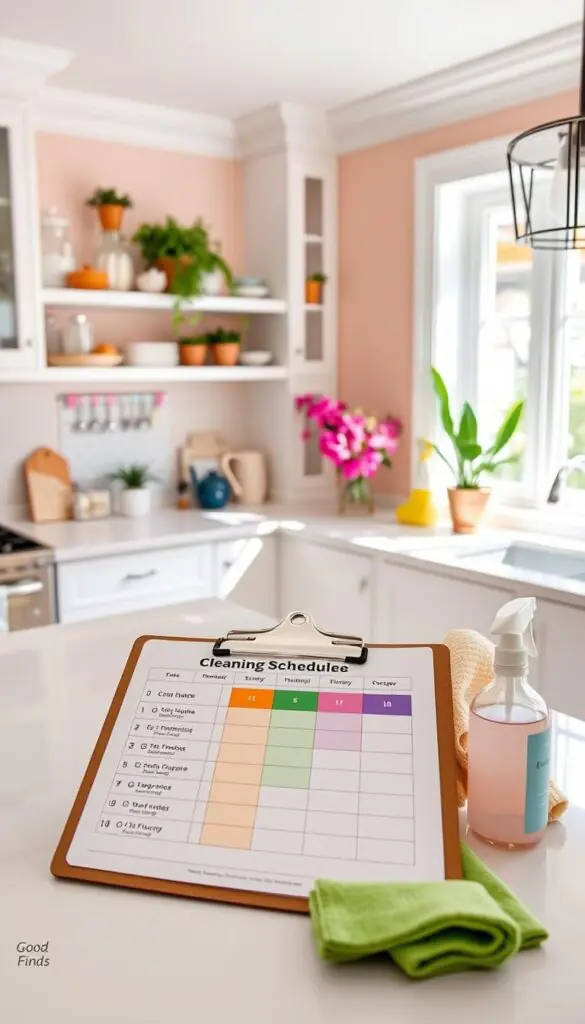 A neatly organized cleaning schedule on a stylish clipboard rests on a pristine kitchen countertop, showcasing a color-coded chart with tasks and days. In the foreground, fresh cleaning supplies like eco-friendly spray bottles and microfiber cloths add a touch of vibrancy. The middle ground features a cozy and inviting kitchen with bright, natural lighting streaming through a large window, highlighting blooming houseplants and colorful kitchen accessories. The background includes soft pastel walls and elegant shelving filled with neatly arranged dishes and cleaning essentials. The atmosphere is calm and organized, promoting a sense of tranquility. The scene embodies the essence of stress-free cleaning. GoodHomeFinds.