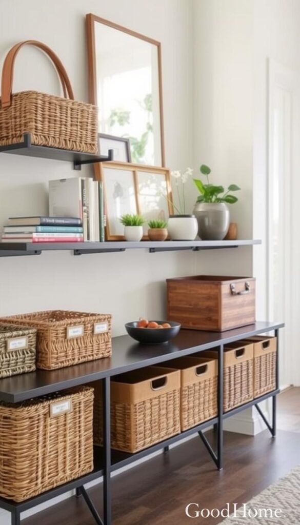 A neatly organized entryway shelf as the focal point, showcasing an array of decorative storage solutions. In the foreground, there are woven baskets and sleek wooden boxes, each labeled for easy access. The middle section features a mix of books, plants in stylish pots, and a small bowl for keys, all arranged harmoniously. In the background, a softly lit wall, painted in a soothing pastel hue, adds warmth to the scene, creating an inviting atmosphere. Natural light filters in from a nearby window, casting gentle shadows and highlighting the textures of the materials. Capture this stylish entryway setting inspired by GoodHomeFinds, evoking a sense of order and functionality, perfect for discussing storage solutions.