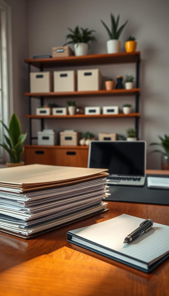 A neatly organized home office desk showcasing important documents. In the foreground, an elegant wooden desk holds a stack of well-labeled, color-coded file folders and a sleek binder, all centered in soft morning light. In the middle, a stylish pen and notepad sit beside a laptop, suggesting a productive workspace. In the background, a wall shelf features neatly arranged storage boxes and decorative plants, creating a serene atmosphere. The lighting is warm and inviting, creating a sense of safety and durability. The overall mood is one of order and professionalism, ideal for illustrating the importance of protecting sensitive information. GoodHomeFinds.