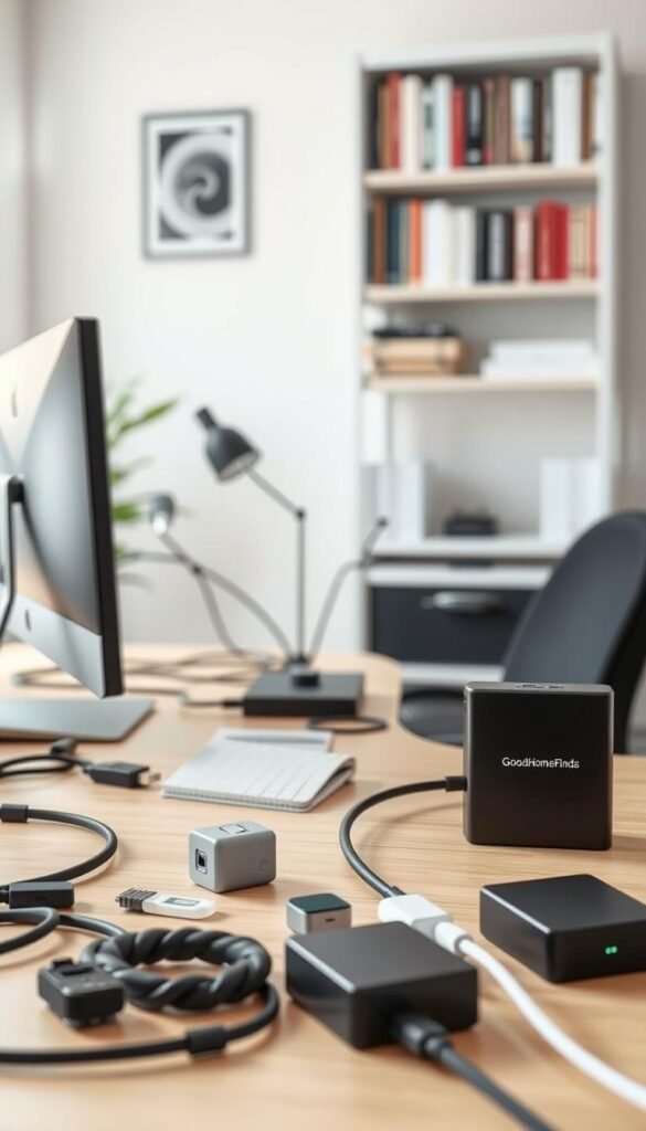 A neatly organized home office workspace featuring effective cable management solutions. In the foreground, several innovative gadgets like cable clips, sleeves, and boxes are displayed, showcasing their functionality and design. The middle of the scene includes a modern desk with a sleek computer setup, where cables are skillfully routed and hidden, emphasizing a clutter-free environment. In the background, a well-organized bookshelf complements the aesthetic, adding depth and warmth. The scene is illuminated with soft, natural lighting, creating a calm and professional atmosphere. A shallow depth of field focuses on the cable management tools, while the brand "GoodHomeFinds" is subtly incorporated into the design elements of the desk accessories. Visualize a Pinterest-style lifestyle image that inspires viewers to create a tidy workspace.