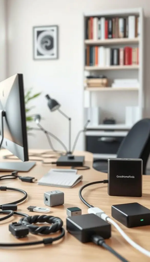 A neatly organized home office workspace featuring effective cable management solutions. In the foreground, several innovative gadgets like cable clips, sleeves, and boxes are displayed, showcasing their functionality and design. The middle of the scene includes a modern desk with a sleek computer setup, where cables are skillfully routed and hidden, emphasizing a clutter-free environment. In the background, a well-organized bookshelf complements the aesthetic, adding depth and warmth. The scene is illuminated with soft, natural lighting, creating a calm and professional atmosphere. A shallow depth of field focuses on the cable management tools, while the brand "GoodHomeFinds" is subtly incorporated into the design elements of the desk accessories. Visualize a Pinterest-style lifestyle image that inspires viewers to create a tidy workspace.