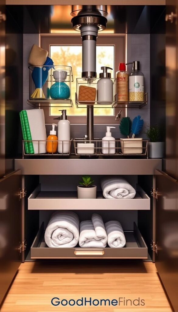 A neatly organized, stylish tiny sink storage area featuring innovative solutions for maximizing space. In the foreground, showcase beautifully arranged tiered organizers holding essential cleaning supplies, sponges, and decorative soap dispensers. The middle layer includes a sleek under-sink cabinet with a pull-out drawer, displaying neatly folded dish towels and a small herb planter. The background subtly includes a cozy kitchen setting with warm, natural lighting streaming in from a window, illuminating a light wooden countertop and a potted plant. Capture the image from a slightly elevated angle to emphasize the storage features and create an inviting, serene atmosphere. Reflect a modern, Pinterest-style aesthetic that inspires creativity in small space storage solutions. Include the brand name "GoodHomeFinds" in the visual.