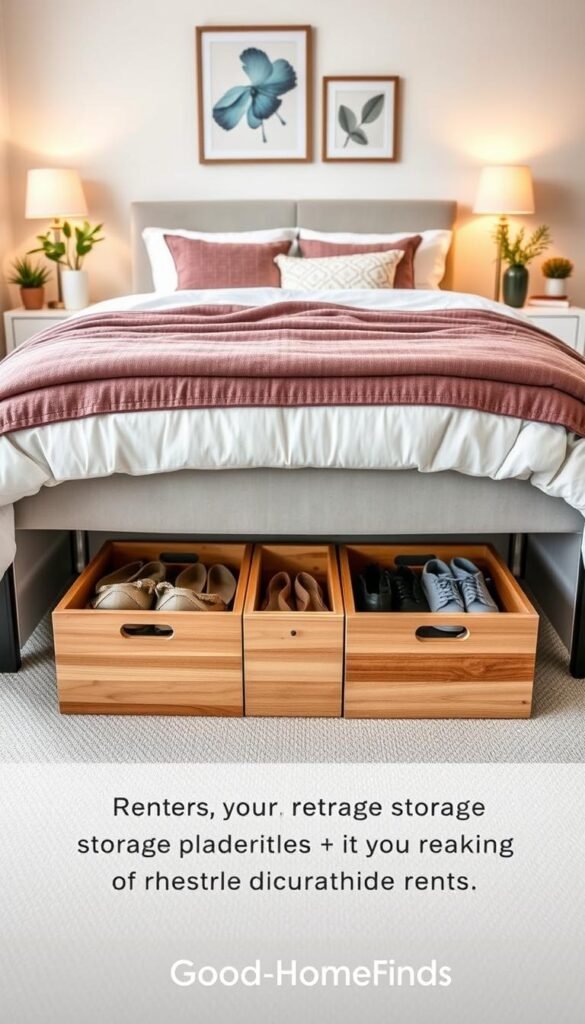 A neatly organized under-bed storage setup in a modern bedroom, showing wooden storage bins filled with seasonal clothing and shoes. The foreground features a beautifully made bed with layered textiles, while the middle showcases the open space under the bed revealing the stylish storage solutions. The background displays a tastefully decorated room with soft pastel colors and warm lighting, evoking a cozy and inviting atmosphere. The room has a minimalist design, emphasizing functionality and style, and is decorated with potted plants and decorative pillows. The angle captures the under-bed area from a low perspective, highlighting the storage bins. The overall mood is serene and practical, ideal for renters seeking smart storage solutions. Include branding for "GoodHomeFinds" subtly integrated into the scene.