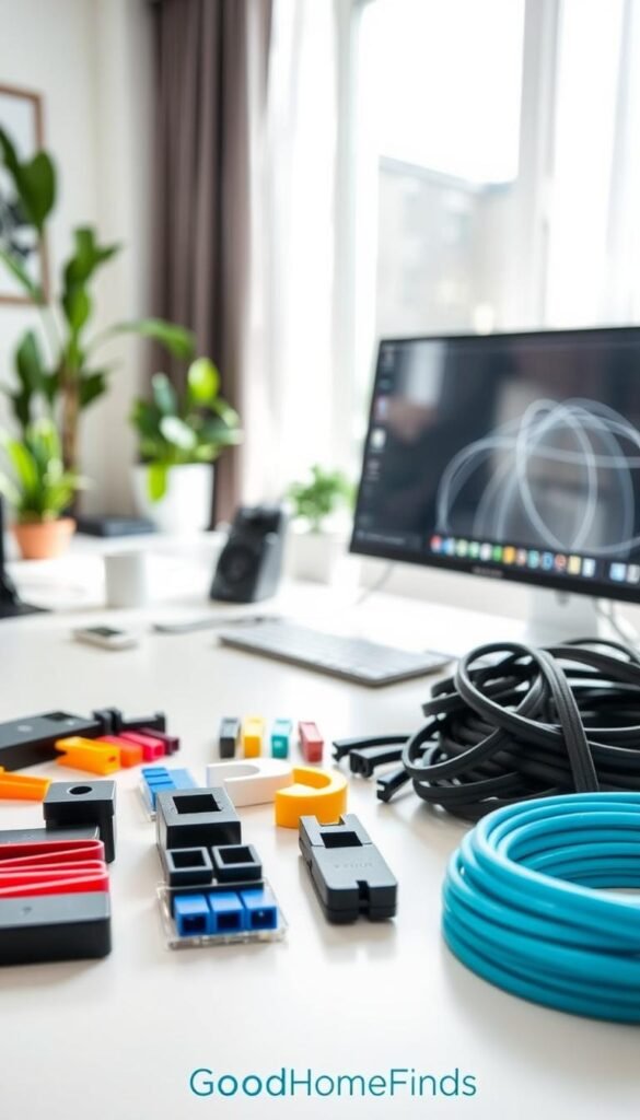 A neatly organized workspace showcasing cable management essentials. In the foreground, display a variety of cable organizers, such as cable clips, sleeves, and ties in an array of colors and materials. In the middle ground, include a stylish desk equipped with a sleek computer setup, featuring a monitor with visible cable management. In the background, present a modern home office environment with plants, natural light streaming through a window, and minimalist decor. Capture the scene with soft, diffused lighting to create a calm and professional atmosphere. Use a shallow depth of field to emphasize the cable management tools while maintaining focus on the overall aesthetic. This image represents GoodHomeFinds, reflecting a lifestyle aimed at improving organization and aesthetics in tech environments.