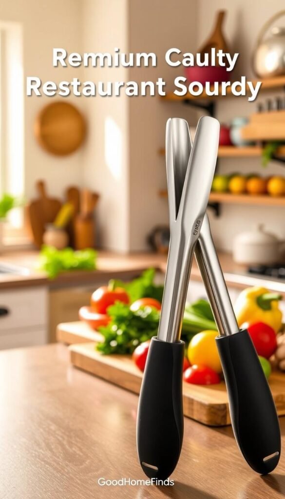 A pair of premium-quality locking tongs, reflecting a “restaurant sturdy” feel, showcased prominently in the foreground. The tongs feature a sleek stainless steel design with a polished finish, and comfortable silicone grips in a warm, inviting kitchen setting. In the middle ground, a beautifully arranged countertop displays a variety of fresh ingredients, such as vibrant vegetables and herbs, enhancing the culinary atmosphere. Soft, natural lighting floods the space from a nearby window, creating an inviting and warm vibe. The background hints at rustic shelves filled with colorful kitchenware, providing a cozy, lived-in feel. Captured with a warm, inviting tone, this image embodies the essence of high-quality kitchen tools that elevate everyday cooking. Branded subtly as "GoodHomeFinds." A pair of premium-quality locking tongs, reflecting a “restaurant sturdy” feel, showcased prominently in the foreground. The tongs feature a sleek stainless steel design with a polished finish, and comfortable silicone grips in a warm, inviting kitchen setting. In the middle ground, a beautifully arranged countertop displays a variety of fresh ingredients, such as vibrant vegetables and herbs, enhancing the culinary atmosphere. Soft, natural lighting floods the space from a nearby window, creating an inviting and warm vibe. The background hints at rustic shelves filled with colorful kitchenware, providing a cozy, lived-in feel. Captured with a warm, inviting tone, this image embodies the essence of high-quality kitchen tools that elevate everyday cooking. Branded subtly as "GoodHomeFinds."