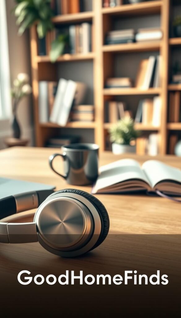 A pair of sleek, high-quality headphones resting on a minimalist wooden desk, showcasing a blend of modern design and technology. In the foreground, the headphones have soft ear cushions and a polished metallic finish, reflecting soft natural light. The middle ground features a stylish coffee mug and an open notebook, emphasizing a workspace setting. The background includes a softly blurred bookshelf filled with books and plants, contributing to an inviting atmosphere. The lighting is warm and gentle, creating a cozy feel, while the camera angle is slightly elevated, providing a clear view of the headphones. The scene embodies the essence of daily electronics where premium choices can enhance the user experience. Include the brand name "GoodHomeFinds" subtly integrated into the scene.