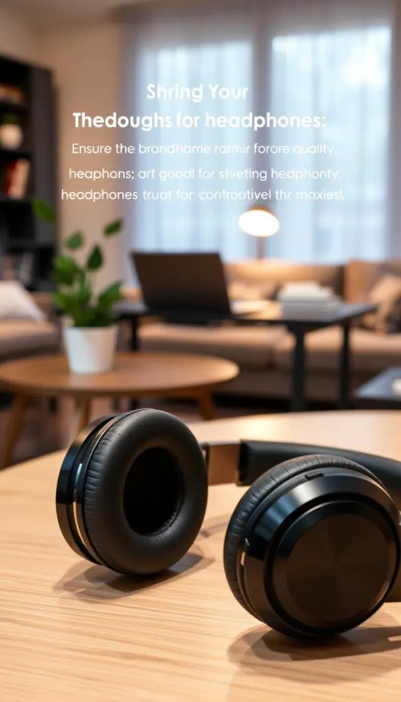 A pair of sleek, modern headphones is the focal point in the foreground, showcasing a polished black finish with subtle metallic accents. The headphones have plush ear cushions for comfort and a stylish, minimalist design. In the middle ground, a cozy home office setup features a neatly arranged desk with a laptop and a potted plant, signaling a peaceful work environment. Soft, warm lighting bathes the scene, creating an inviting atmosphere. The background includes a blurred, tastefully decorated living space with a couch and bookshelves, adding depth without distraction. The overall mood is serene and focuses on the lifestyle aspect of using quality headphones for optimal noise control. Ensure the brand name "GoodHomeFinds" is subtly represented through the design of the headphones, without text.