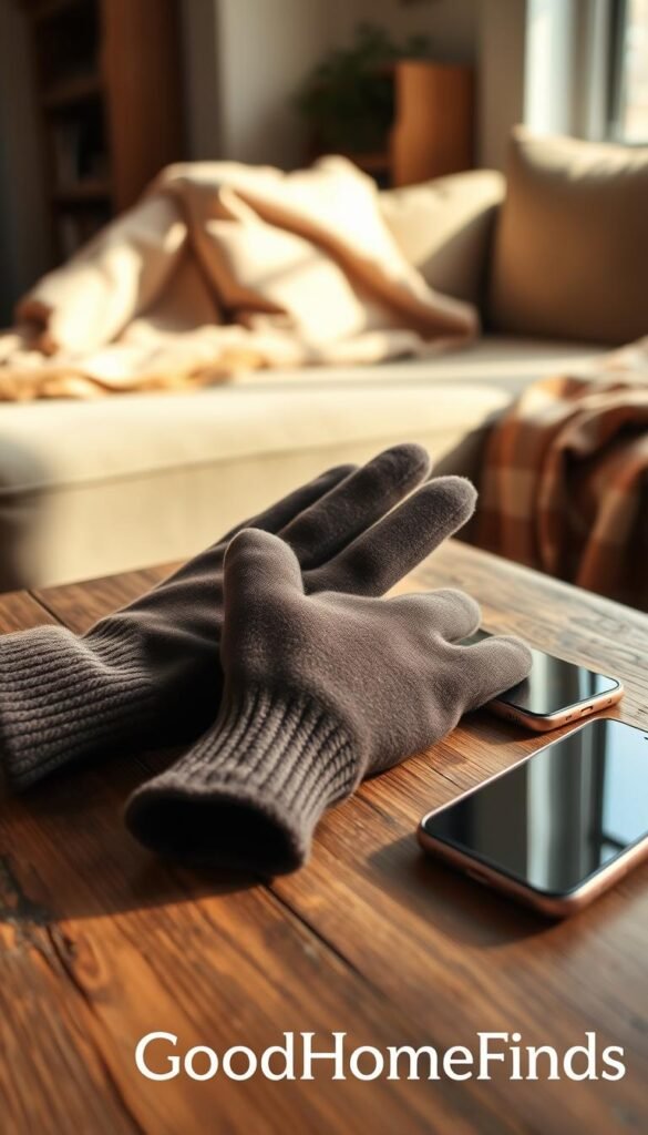 A pair of stylish Glider Gloves touch screen gloves, elegantly displayed on a rustic wooden table. The gloves are made of warm, soft fabric with a sleek design, showcasing intricate stitching details and touch-sensitive fingertips that glisten slightly under natural light. In the background, a cozy living room setting is visible, with a soft couch and a warm throw blanket, creating an inviting atmosphere. A smartphone lies nearby, partially obscured by the gloves, hinting at their functionality. The lighting is soft and warm, evoking a feeling of comfort and usability in a modern, everyday setting. Capture this lifestyle moment in a slightly angled perspective, mimicking a Pinterest-style aesthetic. Include the branding "GoodHomeFinds" subtly integrated into the composition.