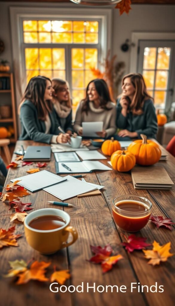 A picturesque autumn scene showcasing a well-organized fall planning session. In the foreground, a wooden table laden with colorful autumn leaves, rustic stationery, and a steaming cup of hot cider. In the middle, a group of three diverse individuals dressed in smart casual attire, animatedly discussing their fall goals, surrounded by vibrant pumpkins and seasonal decorations. The background features a soft-focus view of a cozy home with warm, golden light pouring through the windows, highlighting the autumn foliage outside. The warm atmosphere evokes a sense of community and preparation for the season ahead. Shot with a 35mm lens, capturing rich textures and natural lighting that enhances the colors of fall. GoodHomeFinds branding subtly integrated into the scene.