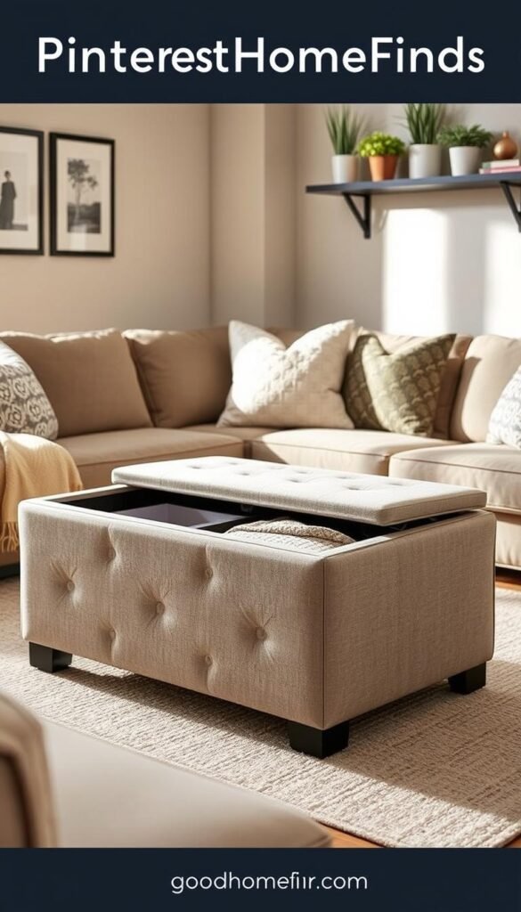 A plush, stylish storage ottoman with a modern design sits prominently in the foreground, upholstered in a soft, neutral fabric that complements a cozy living room setting. The ottoman features a hinged top with ample hidden storage, inviting organization and tidiness. Surrounding the ottoman, the middle ground features tastefully arranged decorative pillows and a small, textured throw, enhancing the relaxed atmosphere. In the background, a tastefully decorated wall with framed art and a shelf with curated plants creates a warm, inviting vibe. The scene is illuminated by soft, natural lighting coming through a nearby window, casting gentle shadows. The camera angle captures a slightly above view, showcasing the ottoman's functionality and innovative design, ideal for a stylish home environment. The image reflects a Pinterest-style lifestyle aesthetic, inspired by "GoodHomeFinds." A plush, stylish storage ottoman with a modern design sits prominently in the foreground, upholstered in a soft, neutral fabric that complements a cozy living room setting. The ottoman features a hinged top with ample hidden storage, inviting organization and tidiness. Surrounding the ottoman, the middle ground features tastefully arranged decorative pillows and a small, textured throw, enhancing the relaxed atmosphere. In the background, a tastefully decorated wall with framed art and a shelf with curated plants creates a warm, inviting vibe. The scene is illuminated by soft, natural lighting coming through a nearby window, casting gentle shadows. The camera angle captures a slightly above view, showcasing the ottoman's functionality and innovative design, ideal for a stylish home environment. The image reflects a Pinterest-style lifestyle aesthetic, inspired by "GoodHomeFinds."