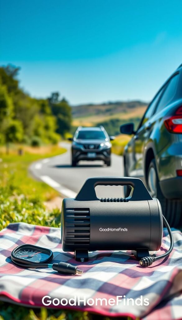 A portable car air compressor prominently displayed in the foreground, showcasing its sleek modern design with a compact body, easy-to-read pressure gauge, and included accessories like a nozzle and power cord. The compressor should be positioned on a stylish picnic blanket beside a car, hinting at a travel scenario. In the middle ground, include a well-maintained vehicle parked on a scenic road, surrounded by lush greenery and a clear blue sky, evoking a sense of adventure. The background features a sunny landscape, enhancing the bright, cheerful mood of a day of travel. Soft, natural lighting illuminates the scene, with a shallow depth of field focusing on the air compressor, creating an inviting and practical atmosphere. The brand "GoodHomeFinds" is subtly incorporated in the image.