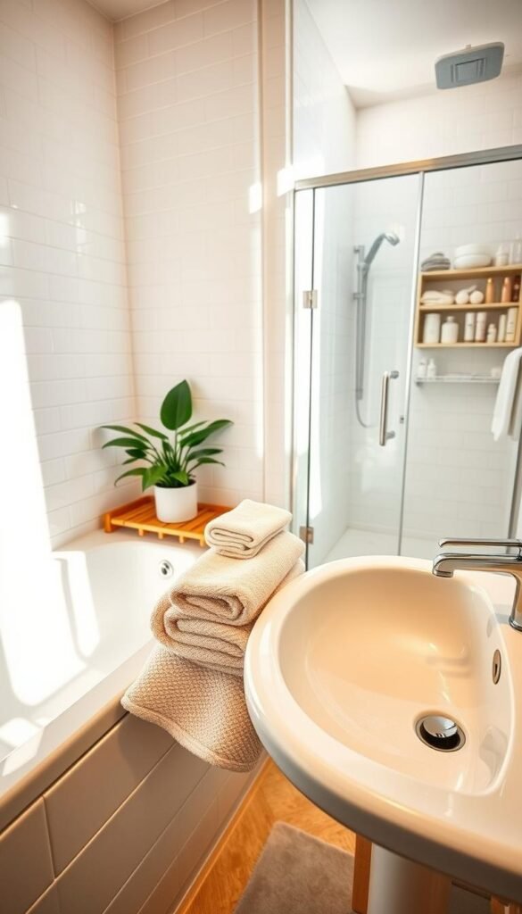 A pristine bathroom after a deep cleaning, showcasing sparkling white tiles, a gleaming bathtub, and a polished sink reflecting natural light. In the foreground, neatly folded plush towels in pastel colors are artfully arranged on a bamboo shelf. The middle features a lush green potted plant beside the sink, adding a touch of freshness. The background highlights a well-organized shower with clear glass doors and a neatly stored assortment of toiletries. Soft, warm lighting enhances the cleanliness and inviting atmosphere, while a wide-angle lens captures the entire space in a balanced composition. This image embodies the spirit of a "deep clean reset," making everything look better, perfect for a Pinterest-style lifestyle photo. GoodHomeFinds. A pristine bathroom after a deep cleaning, showcasing sparkling white tiles, a gleaming bathtub, and a polished sink reflecting natural light. In the foreground, neatly folded plush towels in pastel colors are artfully arranged on a bamboo shelf. The middle features a lush green potted plant beside the sink, adding a touch of freshness. The background highlights a well-organized shower with clear glass doors and a neatly stored assortment of toiletries. Soft, warm lighting enhances the cleanliness and inviting atmosphere, while a wide-angle lens captures the entire space in a balanced composition. This image embodies the spirit of a "deep clean reset," making everything look better, perfect for a Pinterest-style lifestyle photo. GoodHomeFinds.