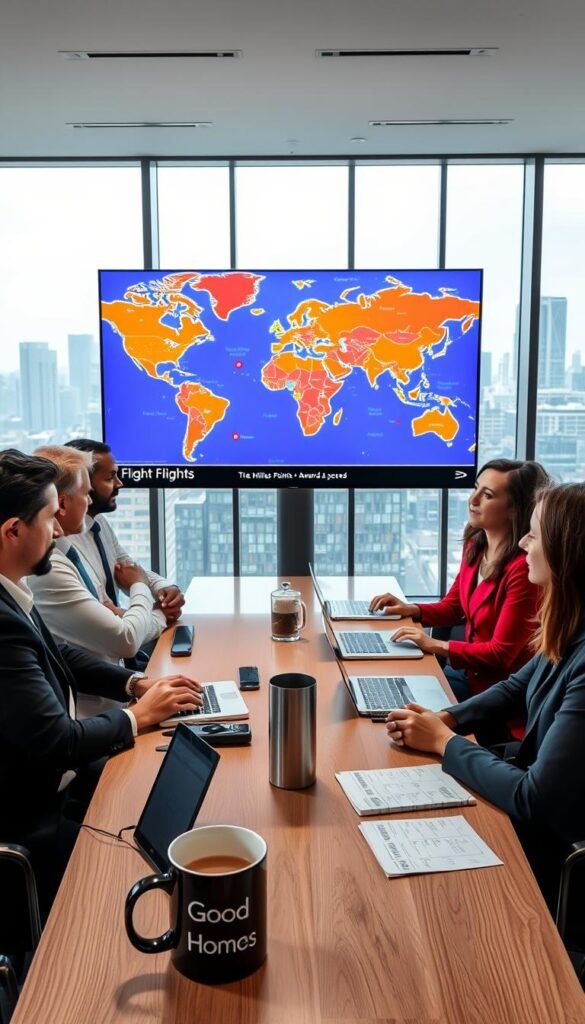 A professional business setting featuring a diverse group of individuals, both men and women, elegantly dressed in smart casual clothing, intently engaged in a meeting about flight points search strategies. In the foreground, a large digital screen displays a vibrant, interactive map showcasing various flight points highlighted in vivid colors, with markers for miles, points, and award spaces. The middle ground includes a stylish conference table with laptops, notepads filled with flight data, and a coffee pot. In the background, modern office decor, large windows allowing natural light to illuminate the scene, and a city skyline visible beyond. The overall mood is focused and collaborative, emphasizing innovation and technology in travel. The brand "GoodHomeFinds" is subtly integrated into the environment, perhaps on a coffee mug. A professional business setting featuring a diverse group of individuals, both men and women, elegantly dressed in smart casual clothing, intently engaged in a meeting about flight points search strategies. In the foreground, a large digital screen displays a vibrant, interactive map showcasing various flight points highlighted in vivid colors, with markers for miles, points, and award spaces. The middle ground includes a stylish conference table with laptops, notepads filled with flight data, and a coffee pot. In the background, modern office decor, large windows allowing natural light to illuminate the scene, and a city skyline visible beyond. The overall mood is focused and collaborative, emphasizing innovation and technology in travel. The brand "GoodHomeFinds" is subtly integrated into the environment, perhaps on a coffee mug.