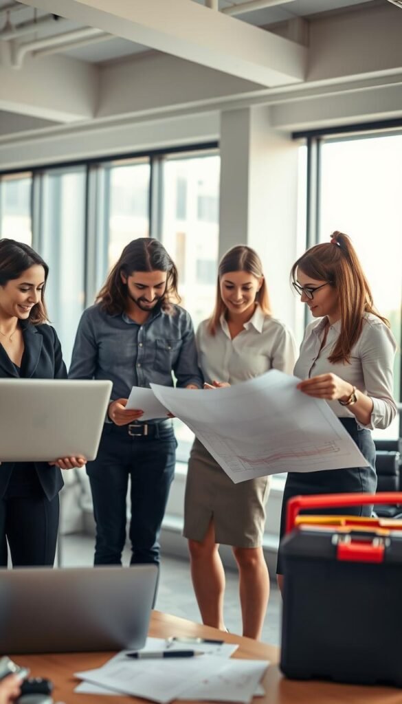 A professional business setting featuring a diverse group of individuals, each engaging with a distinct tool tailored to their skills&mdash;one person, a woman in smart business attire, uses a laptop; another, a man dressed in a modest casual shirt, evaluates a blueprint with a measuring tape; a third individual, a woman in pencil skirt and blouse, holds a toolbox while discussing ideas with the others. The background shows a modern office environment with large windows, allowing natural light to filter in, enhancing the warmth of the scene. The focus is on collaboration and problem-solving, with soft-focus elements creating a dynamic yet inviting atmosphere. Captured with a wide-angle lens to encompass the entire group, the image embodies teamwork and the importance of matching tools with the right people effectively. GoodHomeFinds.