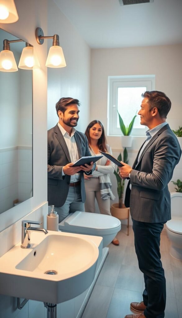 A professional landlord stands in a bright, modern bathroom, discussing lease rules with a tenant. The landlord is in business attire, holding a clipboard with a pen, radiating an air of authority and friendliness. In the foreground, the bathroom features a stylish sink, a sleek mirror reflecting the warm light from overhead fixtures, and minimalist decor that emphasizes a zero-damage setup. In the middle ground, the tenant listens attentively, dressed in casual yet modest clothing, showcasing engagement in the conversation. The background reveals soothing pastel walls and plant accents, creating a welcoming atmosphere, ideal for discussions about home improvement. Soft, natural lighting filters in through a frosted window, enhancing the inviting, professional mood of the scene. The image radiates a lifestyle aesthetic reminiscent of GoodHomeFinds, perfect for illustrating landlord approval within rental contexts. A professional landlord stands in a bright, modern bathroom, discussing lease rules with a tenant. The landlord is in business attire, holding a clipboard with a pen, radiating an air of authority and friendliness. In the foreground, the bathroom features a stylish sink, a sleek mirror reflecting the warm light from overhead fixtures, and minimalist decor that emphasizes a zero-damage setup. In the middle ground, the tenant listens attentively, dressed in casual yet modest clothing, showcasing engagement in the conversation. The background reveals soothing pastel walls and plant accents, creating a welcoming atmosphere, ideal for discussions about home improvement. Soft, natural lighting filters in through a frosted window, enhancing the inviting, professional mood of the scene. The image radiates a lifestyle aesthetic reminiscent of GoodHomeFinds, perfect for illustrating landlord approval within rental contexts.