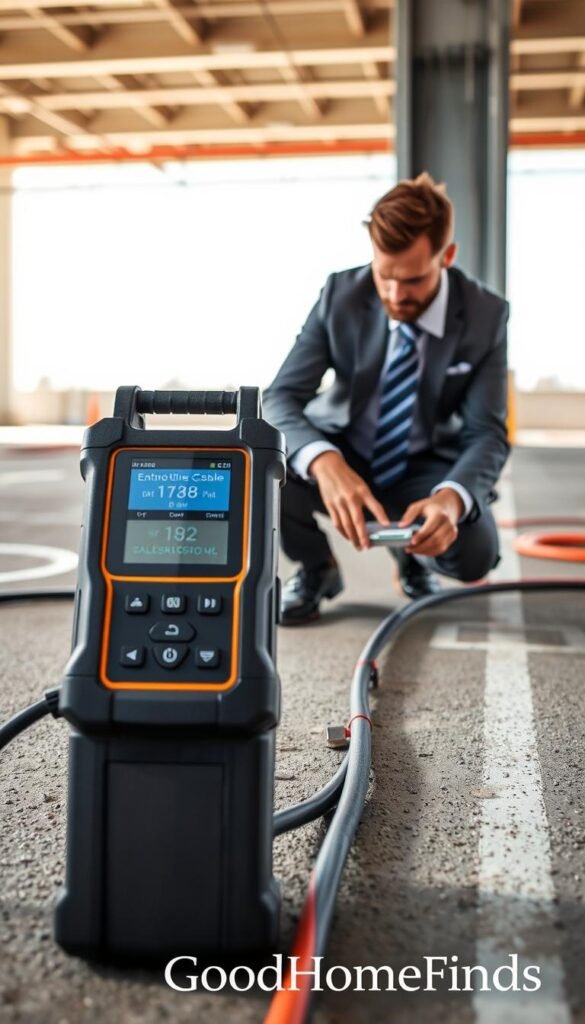 A professional underground cable locator in action, set in a commercial environment. In the foreground, the locator device, sleek and modern, features an LED display and intuitive interface. The middle ground shows a technician in smart business attire, focused and examining the device while crouched near a well-marked underground cable route. The background reveals an open space with utility markings on the ground and faintly visible underground utilities. The lighting is bright and natural, suggesting a sunny day, creating a clear and informative atmosphere. The entire scene conveys a sense of diligence and precision in cable management. High-resolution, Pinterest-style lifestyle photograph, reflecting professionalism and functionality. Brand name "GoodHomeFinds" is subtly integrated into the visual composition.