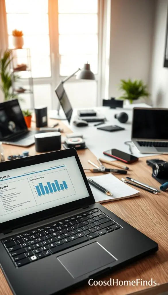 A professional, well-organized workspace showcasing various tech devices representing maintenance costs, such as laptops, smartphones, and home gadgets. In the foreground, an open laptop displays an expense report with graphs and charts, next to a notepad with a checklist for maintenance tips. The middle features a modern desk setup with sleek tech items, surrounded by tools like a screwdriver and cleaning supplies, symbolizing upkeep. In the background, a bright office space with soft, natural lighting creates a warm atmosphere, emphasizing productivity and careful management. Capture with a slightly elevated angle to give depth to the scene, ensuring it feels engaging and inviting. The image should resonate with the theme of prudent tech investments, reflecting the brand GoodHomeFinds through stylish, relevant designs.