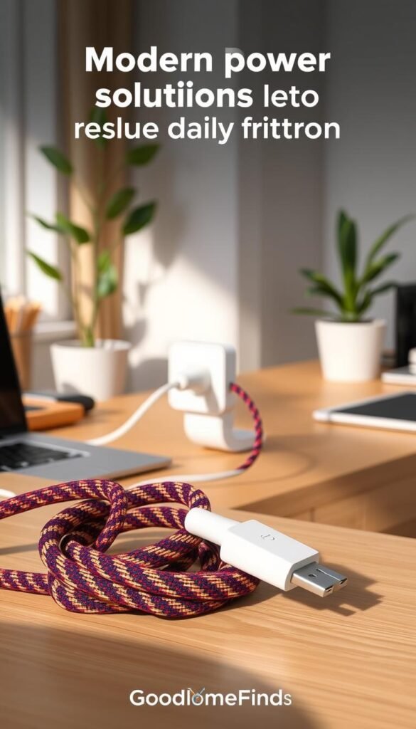 A realistic, Pinterest-style lifestyle image of a braided extension cord, showcasing its utility in a modern home setting. In the foreground, the cord is elegantly coiled, highlighting its textured, durable material with vibrant colors. The middle ground features a well-organized workspace, where the cord is plugged into a stylish, minimalistic power outlet on a wooden desk. In the background, soft, natural light filters through a window, casting gentle shadows that enhance the cozy atmosphere. The scene is complete with a potted plant and other home office essentials, evoking a sense of comfort and efficiency. This image encapsulates modern power solutions, designed to reduce daily friction. Brand: GoodHomeFinds.