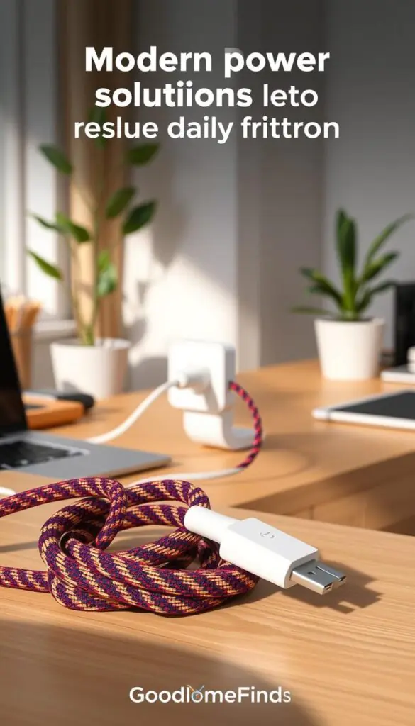 A realistic, Pinterest-style lifestyle image of a braided extension cord, showcasing its utility in a modern home setting. In the foreground, the cord is elegantly coiled, highlighting its textured, durable material with vibrant colors. The middle ground features a well-organized workspace, where the cord is plugged into a stylish, minimalistic power outlet on a wooden desk. In the background, soft, natural light filters through a window, casting gentle shadows that enhance the cozy atmosphere. The scene is complete with a potted plant and other home office essentials, evoking a sense of comfort and efficiency. This image encapsulates modern power solutions, designed to reduce daily friction. Brand: GoodHomeFinds.