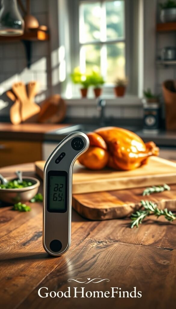 A realistic, Pinterest-style lifestyle photo of a digital meat thermometer placed prominently in the foreground on a rustic wooden kitchen countertop. The thermometer has a sleek stainless steel design with a clear digital display, highlighting its precision and modern features. In the middle background, a beautifully roasted chicken sits on a cutting board, showing juiciness and perfect cooking. Soft, natural light streams in from a nearby window, creating warm highlights on the surfaces and casting gentle shadows. Include kitchen utensils and herbs subtly placed around, enhancing the homey atmosphere. The scene conveys a sense of culinary achievement and food safety. An elegant watermark displays "GoodHomeFinds" in the bottom corner.