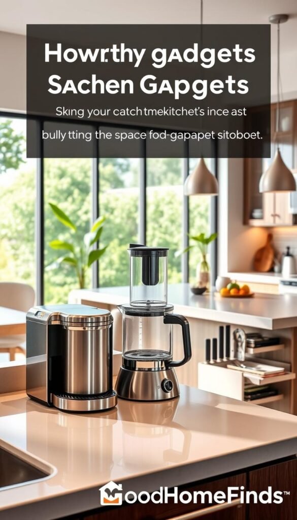 A realistic and captivating kitchen space, showcasing high-tech gadgets designed to save space and increase efficiency. In the foreground, a sleek, modern kitchen counter features a compact coffee maker and a multi-functional food processor, both in polished stainless steel. The middle ground highlights a stylish kitchen island with smart storage solutions, including pull-out racks and gadget organizers. In the background, a bright, inviting kitchen with large windows allows natural light to flood the space, illuminating the stainless steel appliances and vibrant greenery visible outside. The atmosphere is fresh and innovative, evoking feelings of inspiration and practicality. The image should be styled with a Pinterest aesthetic, focusing on clean lines and functionality. GoodHomeFinds branding subtly integrated into the design.